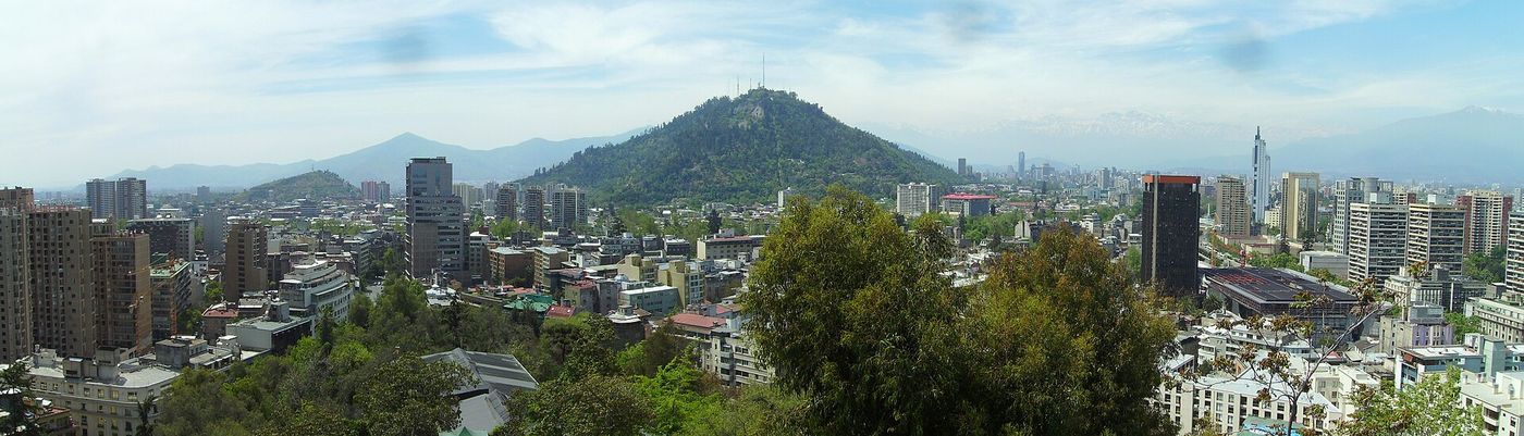 Panorama of Santiago from Cerro Santa Lucia with Cerro San Cristobal rising over the city