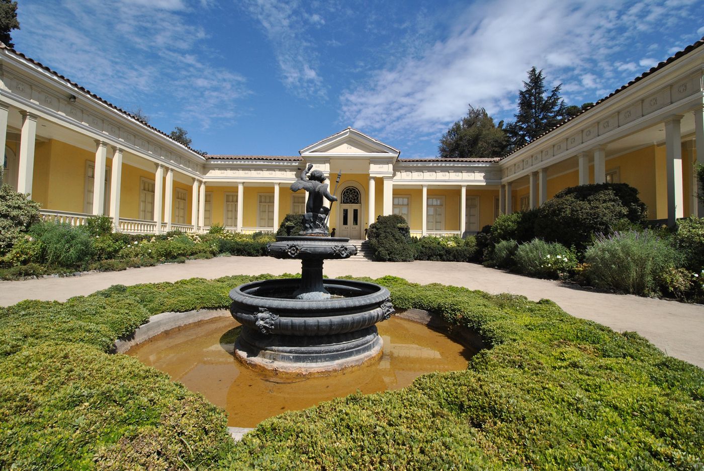 Courtyard with a fountain and colonnade at the Concha y Toro estate in Pirque, Chile