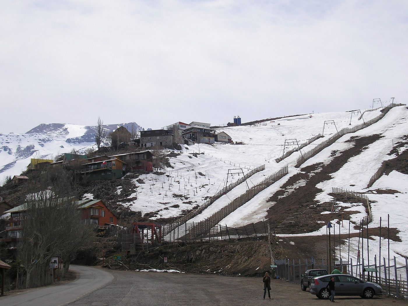 Buildings, lift infrastructure and snowy slopes at the Farellones and El Colorado base area near Santiago