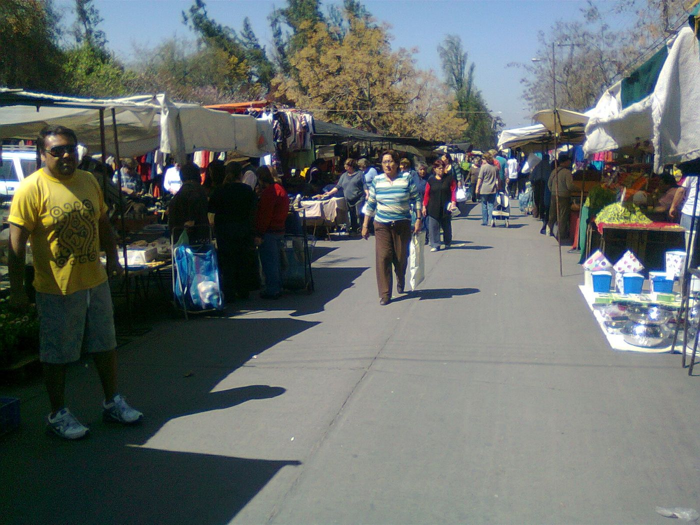 Long row of tarpaulin-covered stalls and shoppers at a feria libre street market in a Santiago suburb