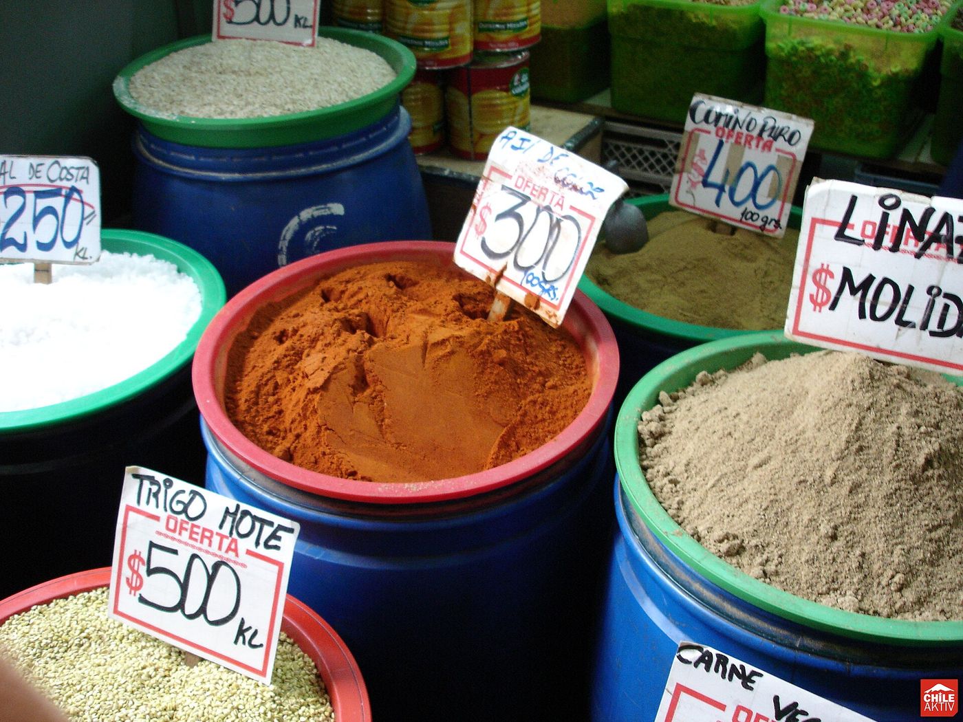 Barrels of ground spices, grains and pulses with handwritten peso price cards at La Vega Central market in Santiago