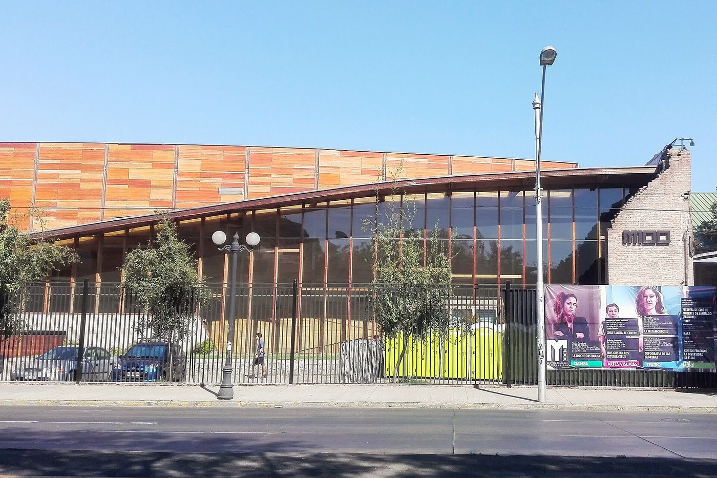 The brick and steel frontage of the Matucana 100 cultural centre in Santiago