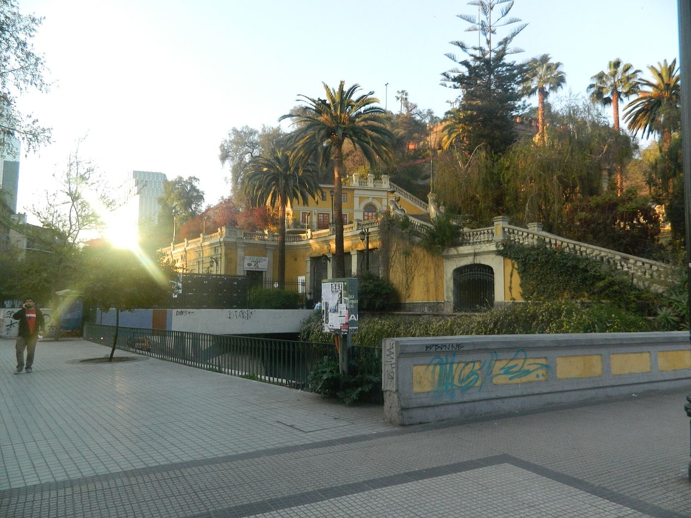 Evening light on the terraces and palms at the base of Cerro Santa Lucia in central Santiago