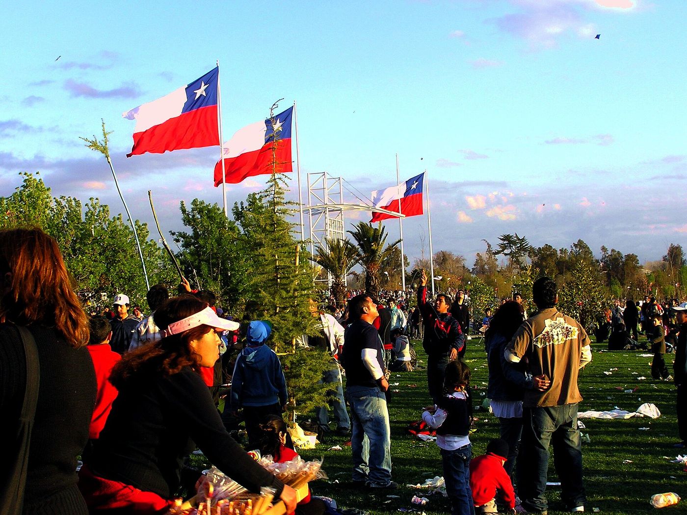 Chilean flags flying over families sitting on the grass in Parque O'Higgins, Santiago