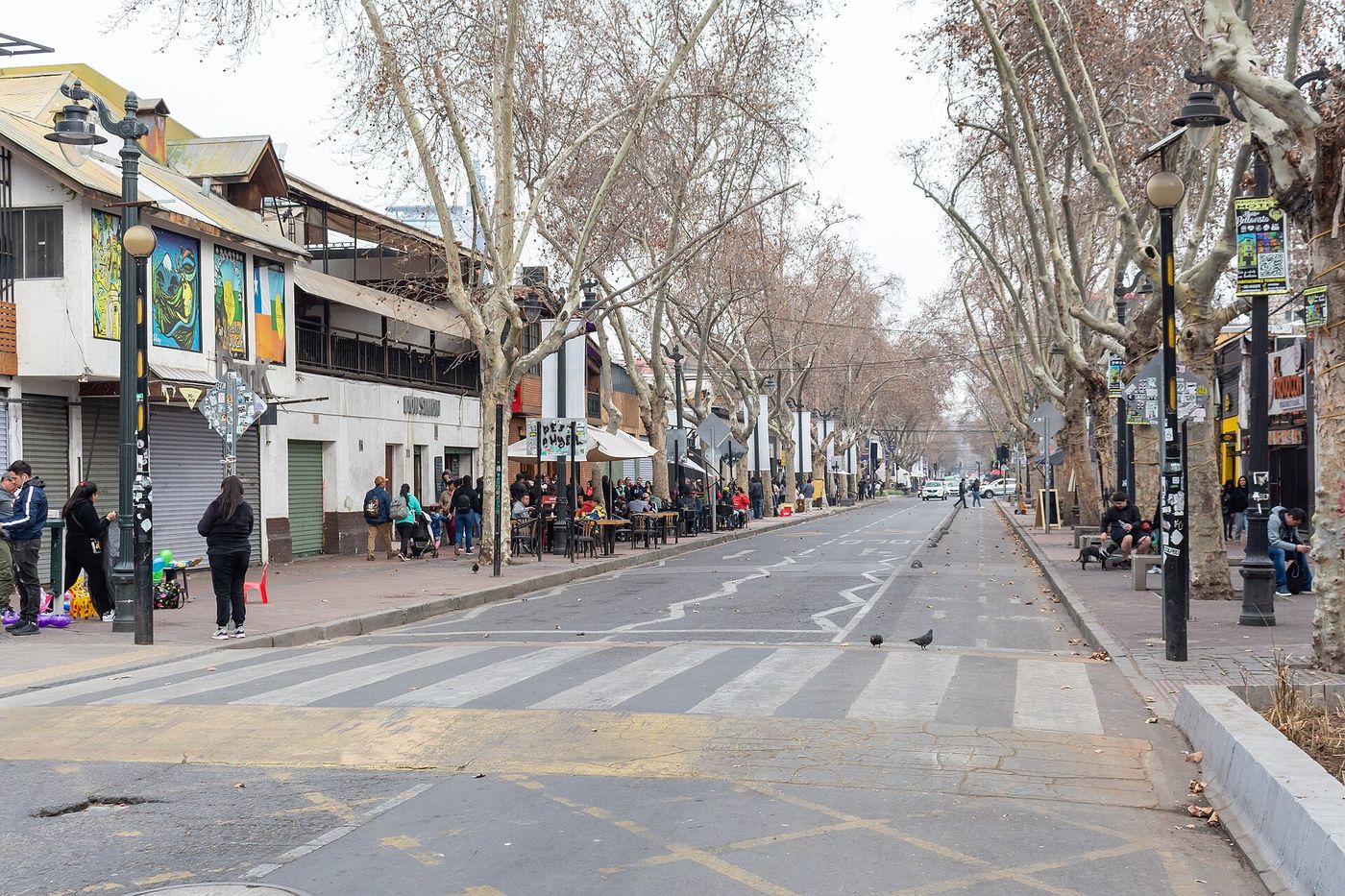 Calle Pio Nono in Bellavista, Santiago, lined with bar frontages, awnings and plane trees