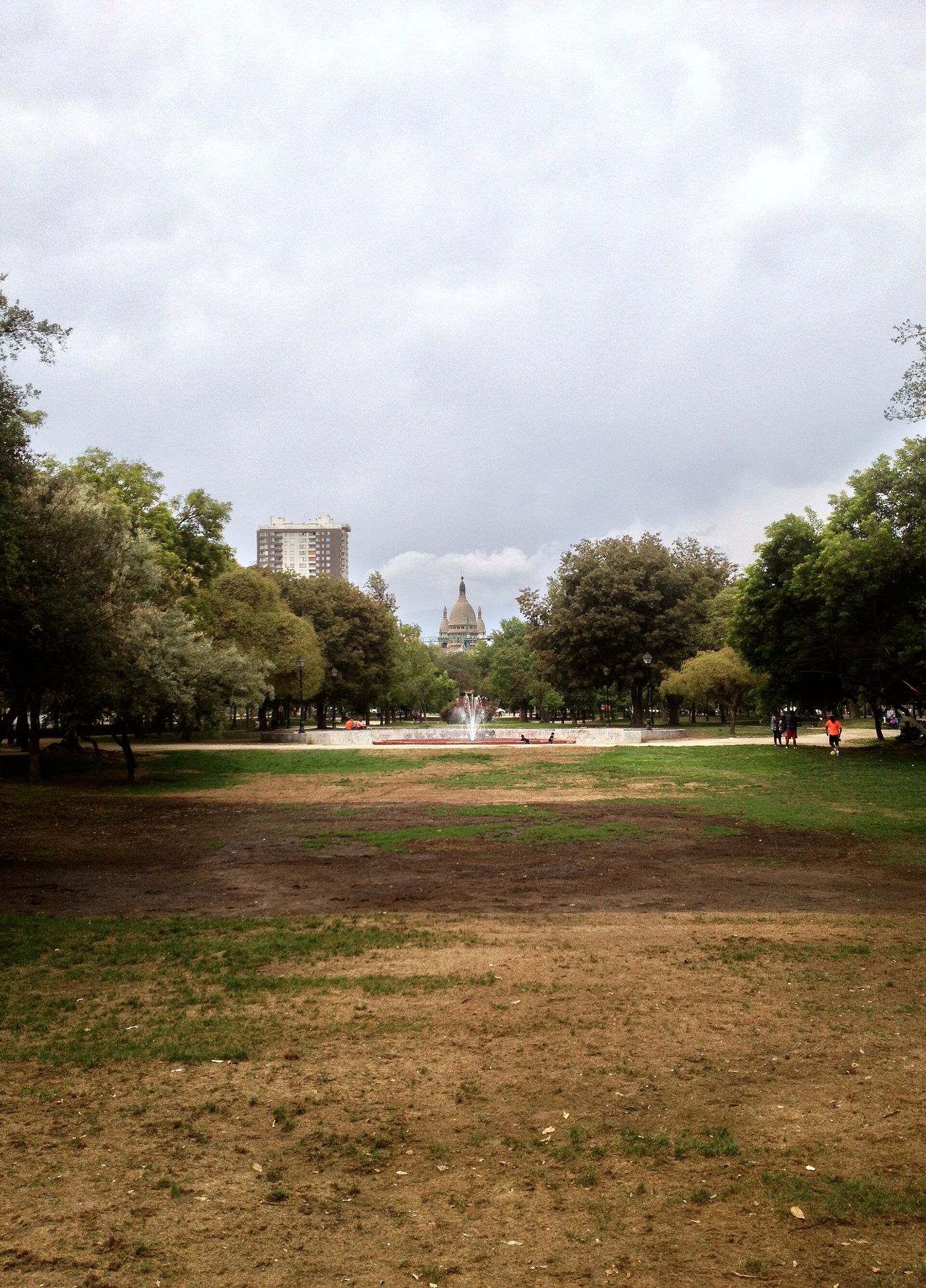 Dry brown grass and dusty ground under trees in a Santiago park at the end of summer