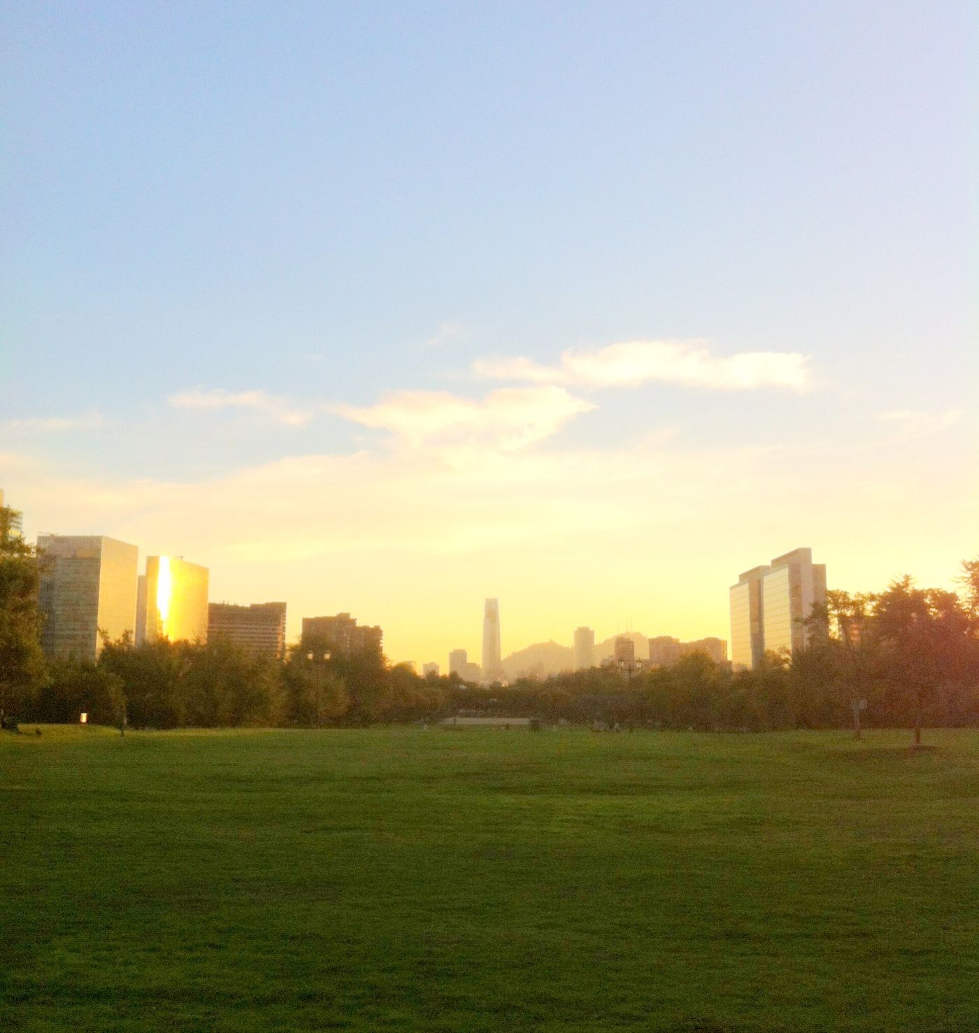 Golden evening light over the lawns of Parque Araucano with the Santiago skyline behind