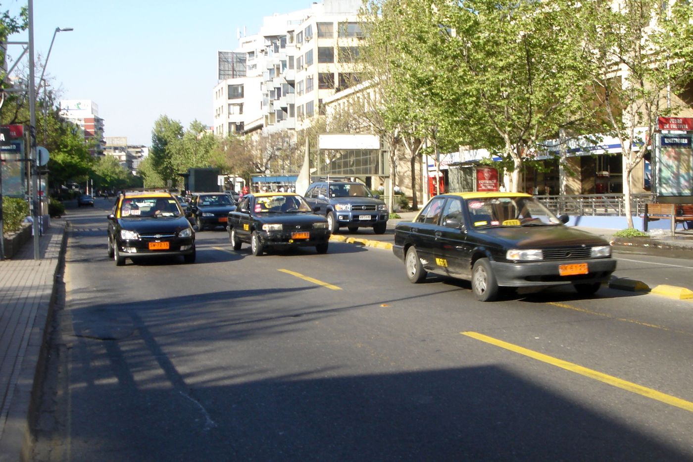 Black taxis with yellow roofs driving in a dedicated lane in central Santiago