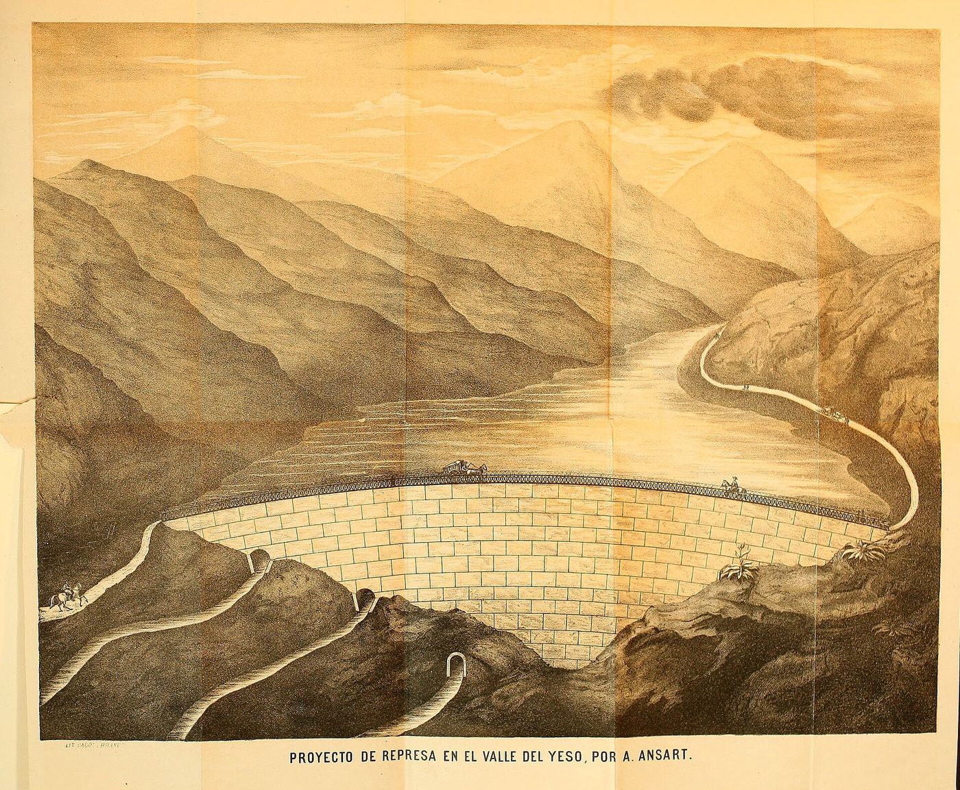 Sepia engraving of a proposed dam wall holding back a lake in a mountain valley, captioned Proyecto de represa en el valle del Yeso por A. Ansart