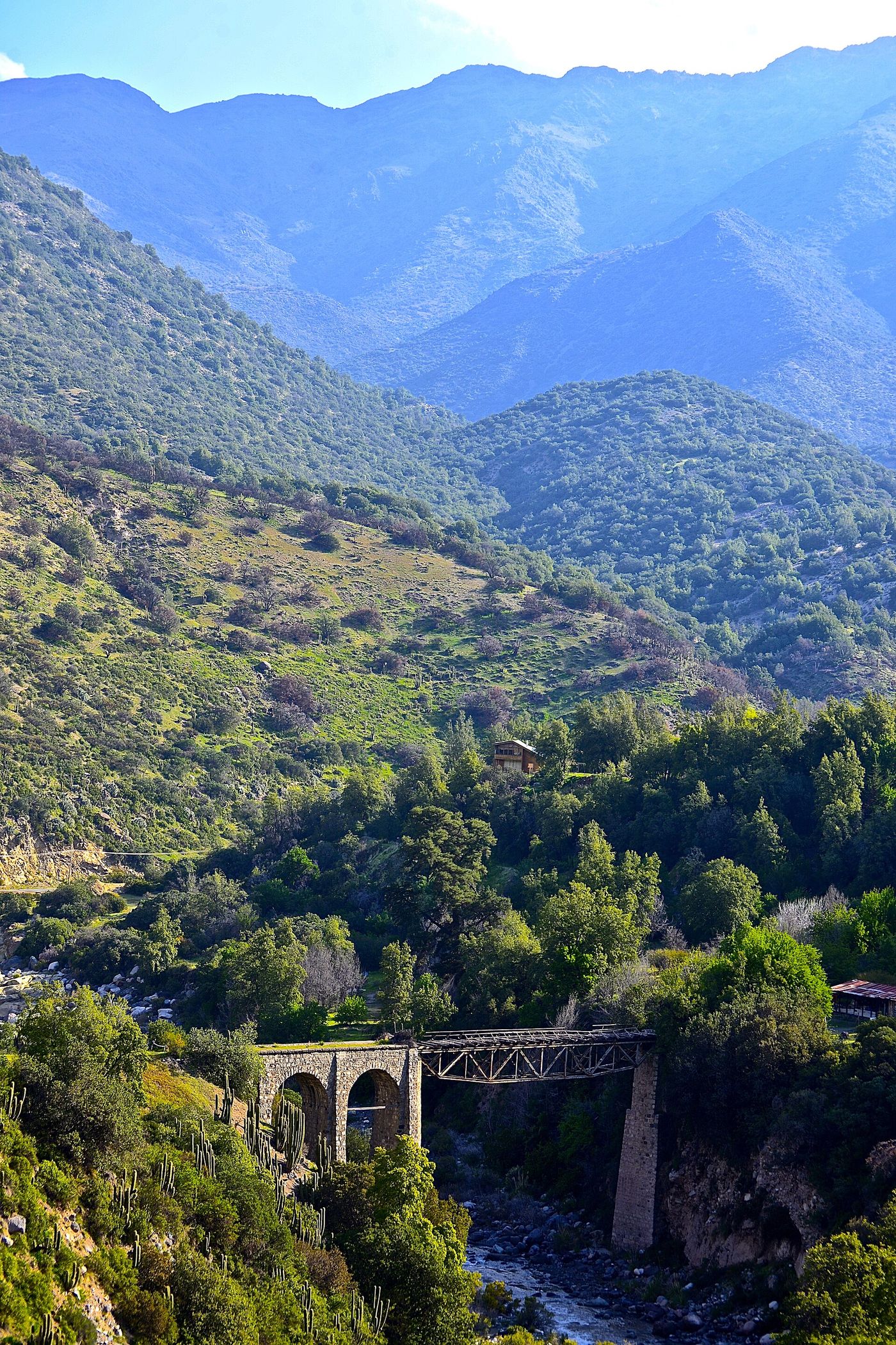 An old stone and steel railway viaduct crossing a wooded ravine in the Cajón del Maipo