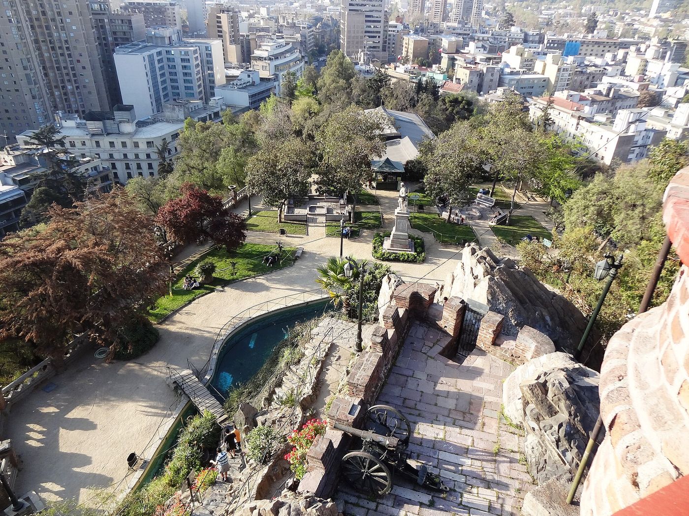 View down from Cerro Santa Lucía over its gardens and stairways to the apartment blocks of central Santiago