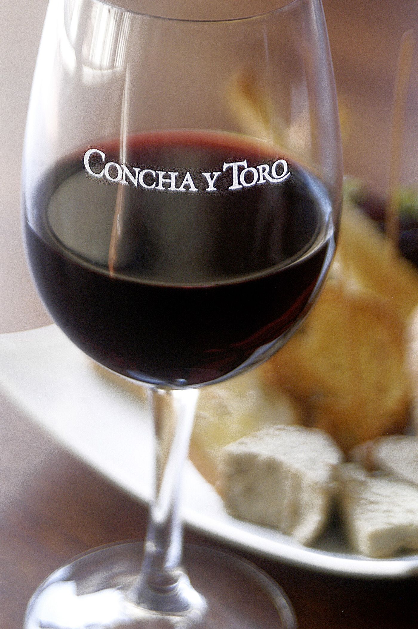 A glass of red wine etched with the Concha y Toro logo beside a plate of cheese