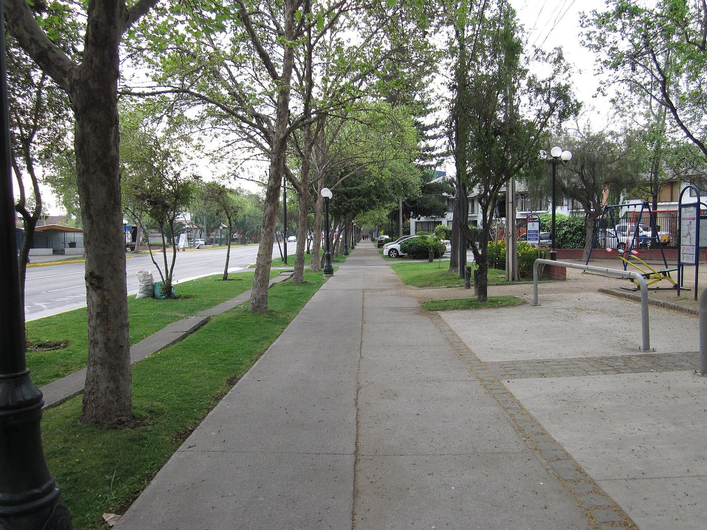 A wide tree-lined sidewalk and lawn beside a quiet street in the heritage zone near Manuel Montt