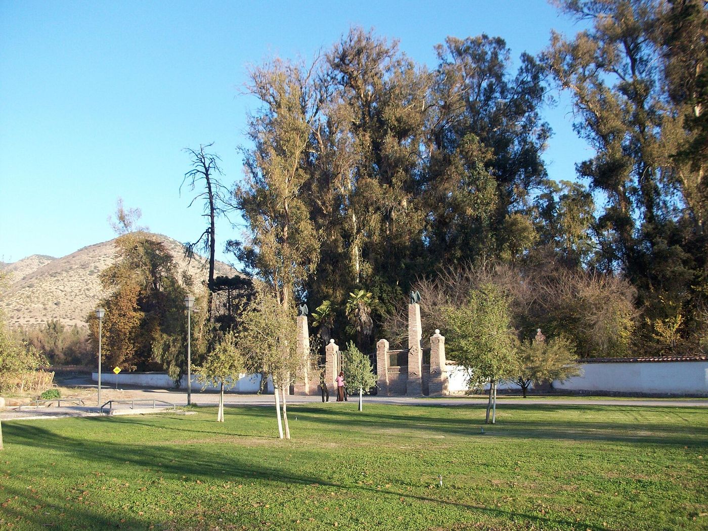 Lawns, tall trees and standing stones in the grounds of the Museo Andino at Alto Jahuel, with a dry hill behind