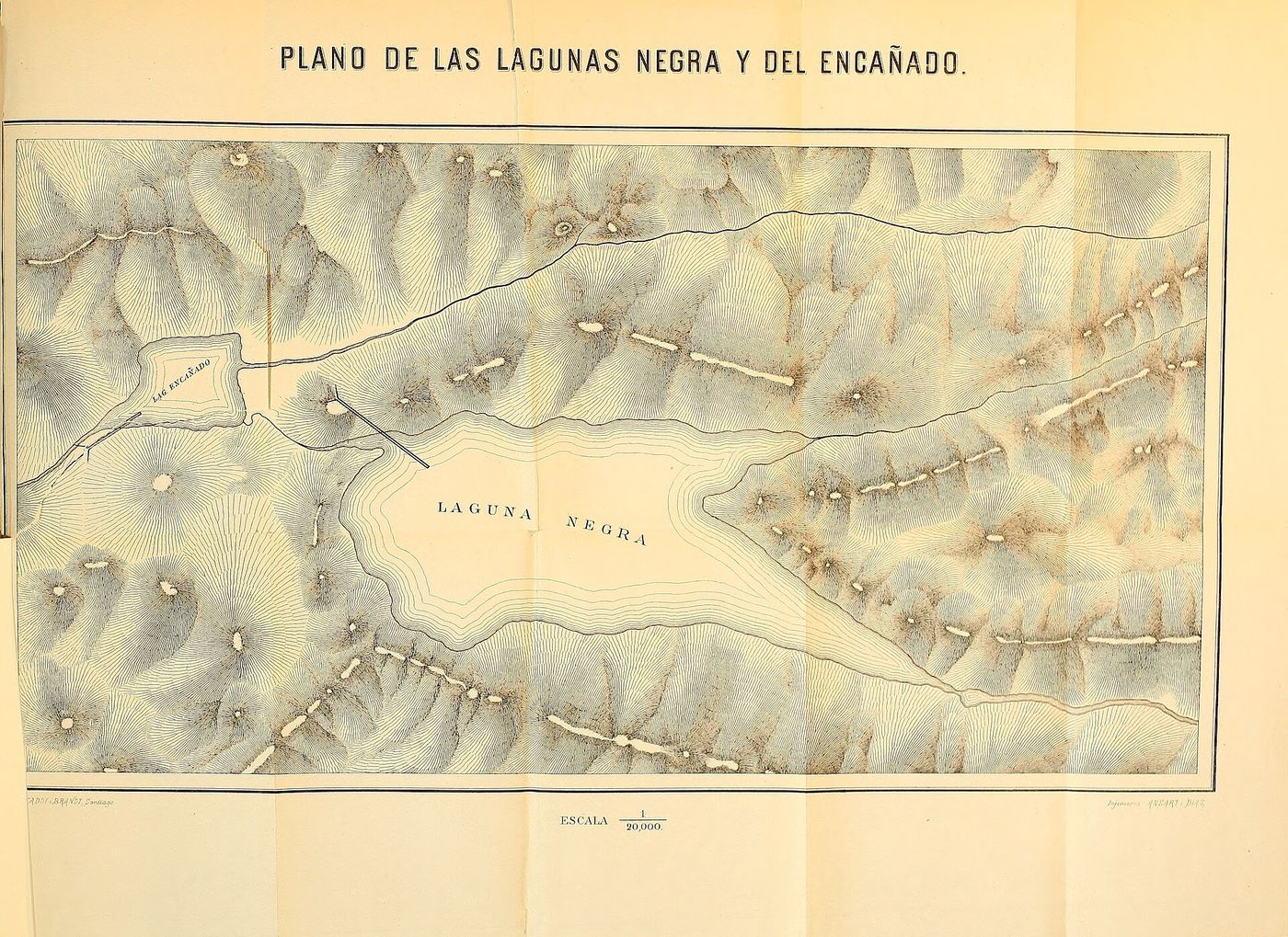 An old engraved survey map titled Plano de las lagunas Negra y del Encañado showing the two lakes and surrounding ridges