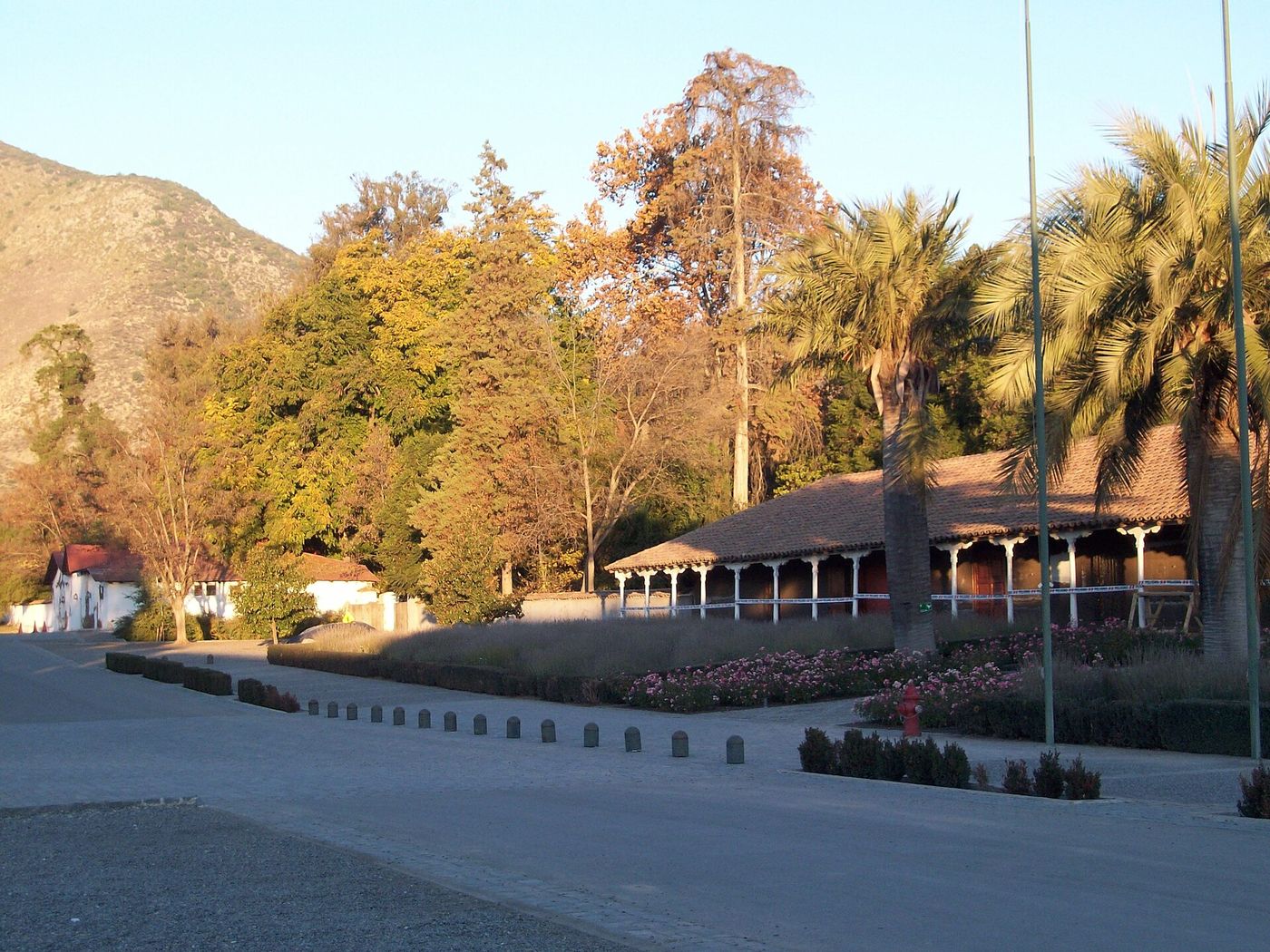 Trees in autumn color beside a colonial-style building with a long veranda on the Santa Rita estate at Alto Jahuel, Buin